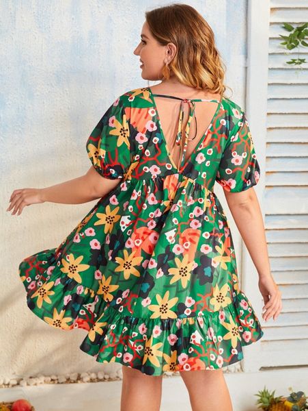 

plus floral print tie back ruffle hem dress 73zb#, Black