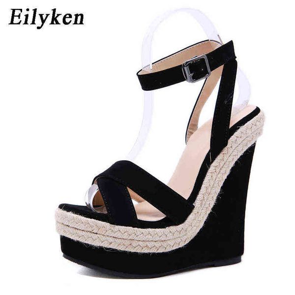 Sandálias Eilyken Moda Mulheres Verão Open Toe Sapatos Fivela Mulheres Plataforma Sandálias Cunhas Altos Saltos 15cm Sandálias Sapatos 220318