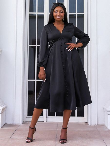 

seomiscky plus scallop trim lantern sleeve dress 15ks#, Black
