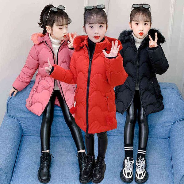 

2021 thick keep warm winter jacket for girls large size fur collar letter long hooded kids outerwear teenager windbreaker jacket j220718, Blue;gray