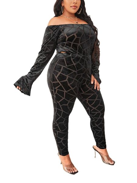 

sxy plus geo pattern off shoulder trumpet sleeve velvet & leggings p9sq#, Black