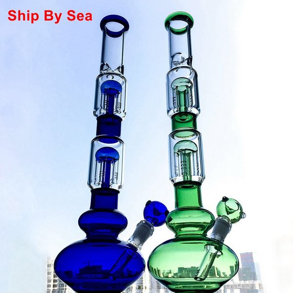 Nave via mare Double 4 Arms Tree Perc Narghilè Bicchiere in vetro Bong Green Blue Oil Dab Rigs con tubi d'acqua Downstem diffusi