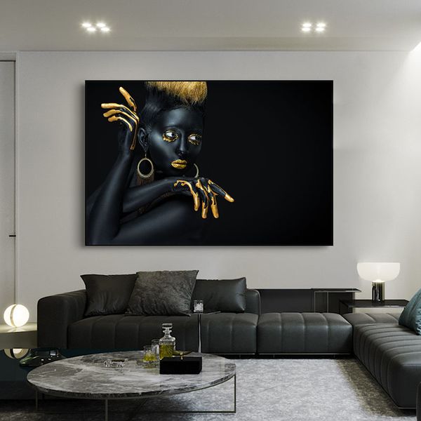 Pintura a óleo da mulher africana de ouro preto de ouro preto sobre pôsteres de tela cuadros e impressões de parede escandinava para sala de estar