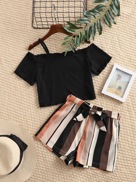 

girls cold shoulder & block striped belted shorts she, White