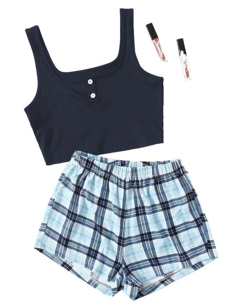 

crop tank with plaid print shorts pajama set n0xi#, Black;red