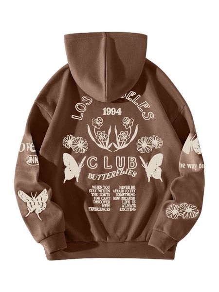 

slogan & butterfly print thermal hoodie v5ty#, Black