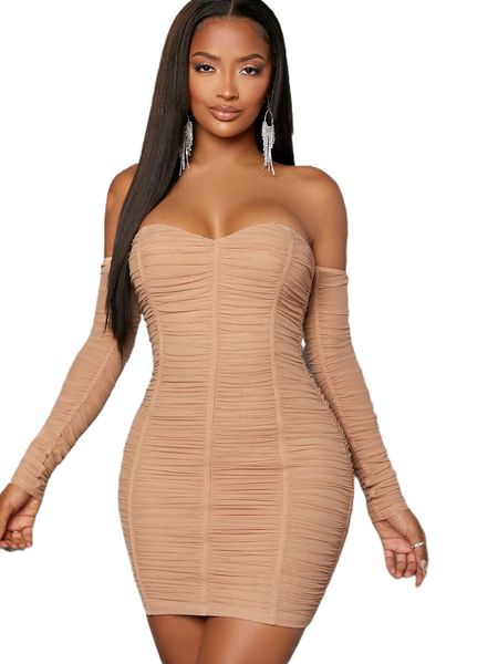 

off shoulder ruched mesh bodycon dress a8kk#, Black;gray