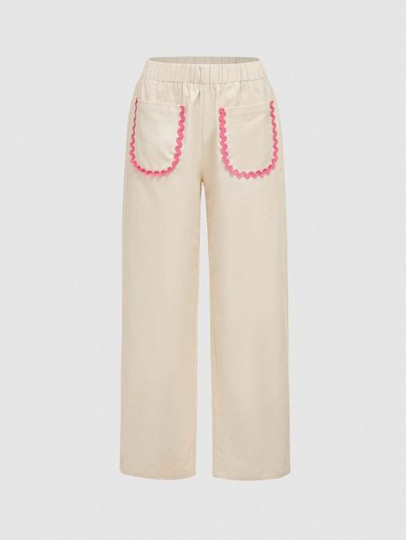 

mod contrast piping patched pocket straight leg pants c8nw#, Black;white