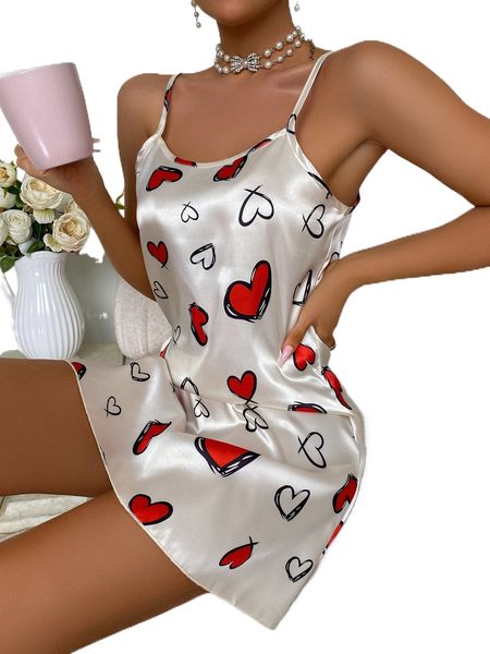

heart print satin cami night dress m43f#, Black;red