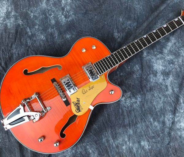 

jazz electric guitar semi hollow body double f hole tremolo bridge flame maple
