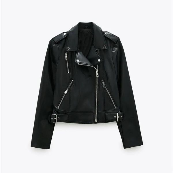 

2022 spring autumn women black faux leather jacket casual zipper with belt biker coat female casual solid short outwear