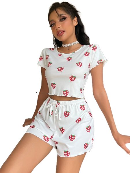 

strawberry print lettuce trim tie front pj set y7ss#, Black;red