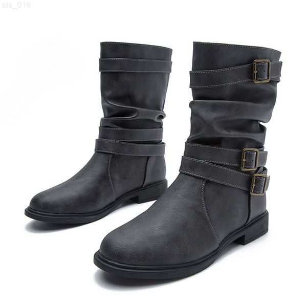 

designer buckle strap motorcycle boots women autumn winter shoes 2022 pu leather slip on botas low chunky heels mid calf bootst220718, Black