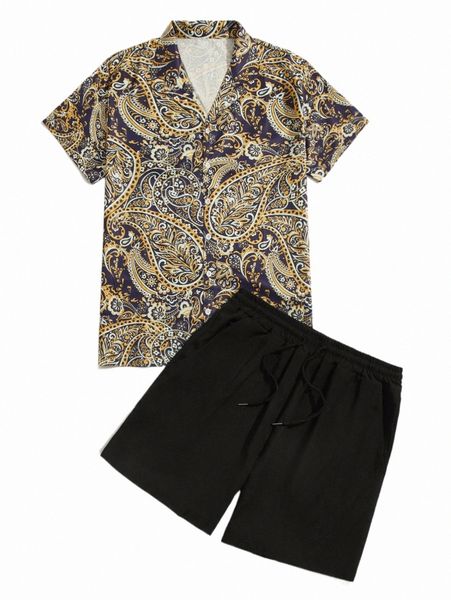 

romwe guys paisley button front shirt & drawstring shorts g8fv#, Gray