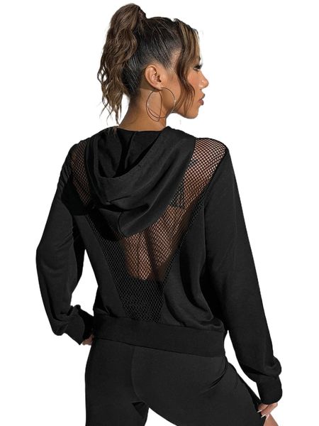 

fishnet mesh insert hoodie 66eu#, Black
