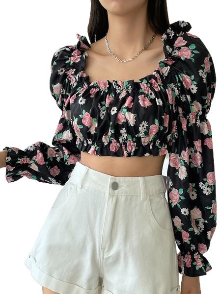 

dazy floral frill trim flounce sleeve crop blouse y2mr#, White