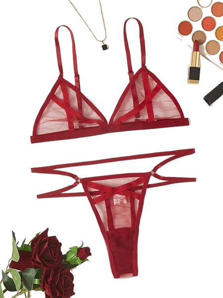 

criss cross sheer mesh lingerie set o9oi#, Black;red