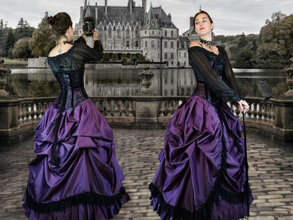 Vestido de noiva vitoriano gótico majestoso majestica com veludo com manga comprida, espartilho preto punk vestidos de noiva ao ar livre