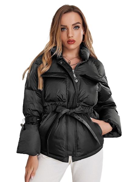 

ziai flap pocket raglan sleeve belted zipper puffer coat g4vs#, Black
