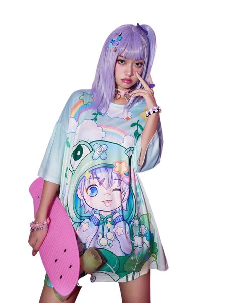 

romwe anime cartoon graphic oversized tee e3fk#, White