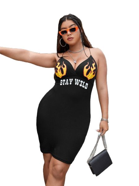

plus slogan & fire print cami dress 868d#, Black