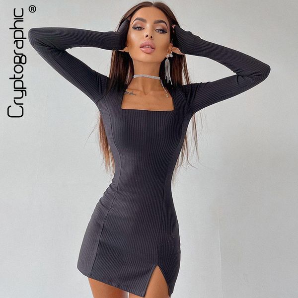 

solid elegant square collar long sleeve mini dress 2021 autumn outfits for women club party dresses slit clothes, Black;gray