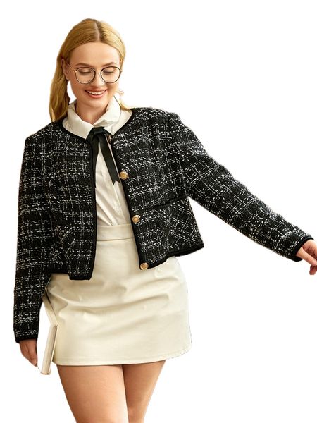 

plus plaid tweed button front overcoat m6br#, Black