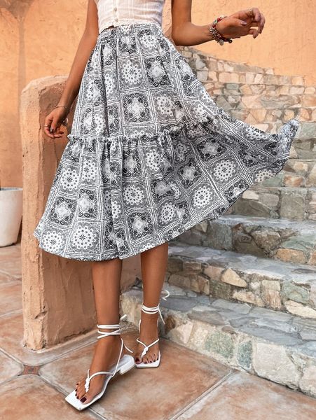 

high waist geo & floral print ruffle hem skirt l1ib#, Black