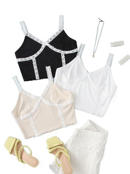 

3pcs lace trim cami j3qd#, White