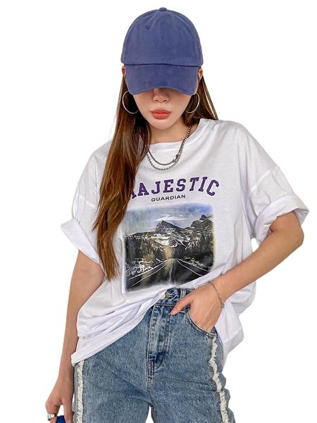 

dazy letter & mountain print drop shoulder tee l3gb#, White
