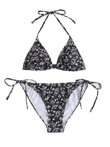 

ditsy floral print halter tie side bikini swimsuit y9oy#, White;black