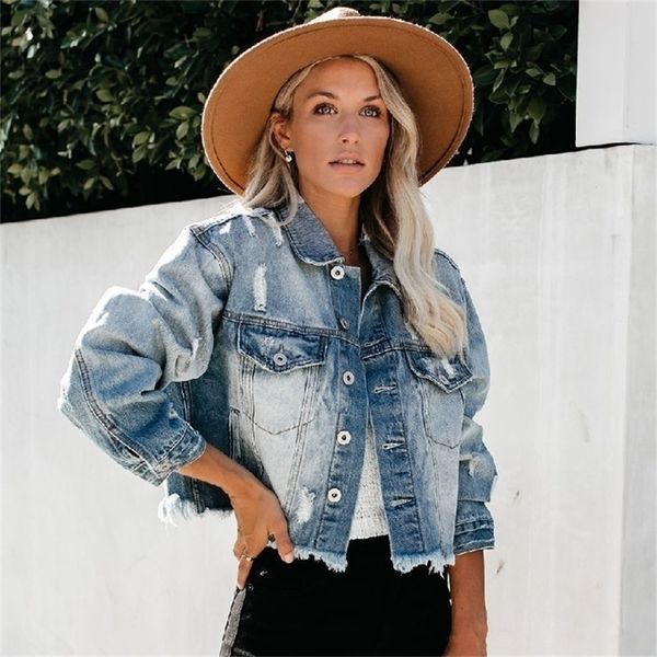 

denim jacket causal short length single breasted pocket style ladies ripped coat washed hole jeans jacket w220817, Black;brown
