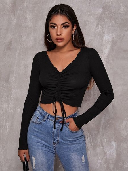 

lettuce trim drawstring ruched front solid tee h5f9#, White