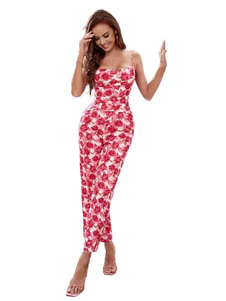 

floral print draped tie back crop cami & wide leg pants m2g9#, White