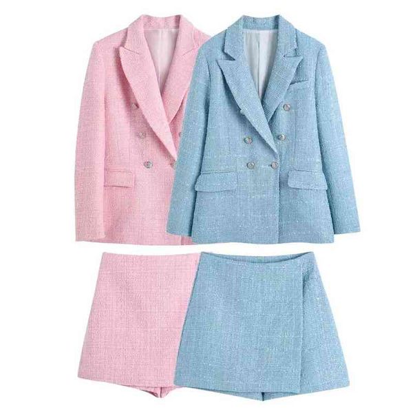 

2022 spring and autumn new women's jacket shorts two-piece set fashion double breasted ladies office suit high waist culottes t220729, Gray