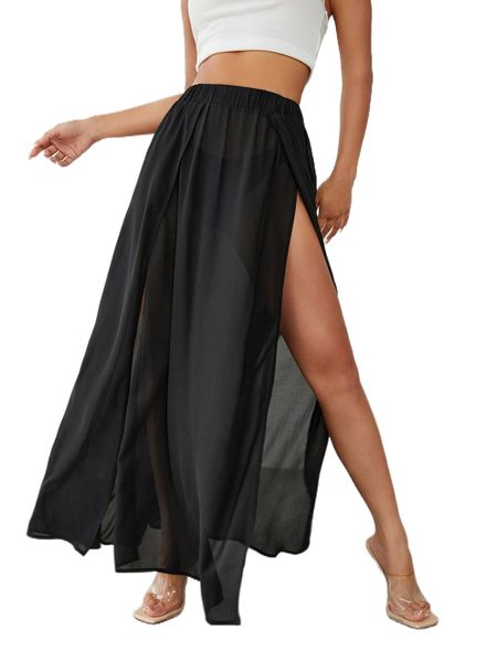 

petite high waist wrap hem chiffon skirt without panty 38zb#, Black