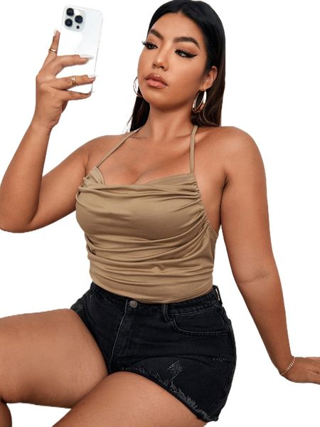 

plus draped tie backless crop halter g5mm#, Black