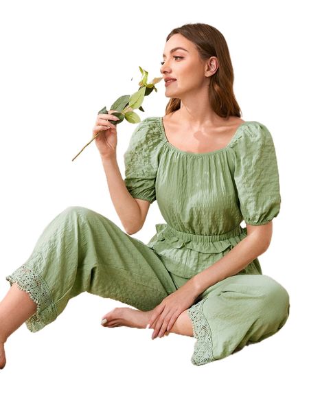 

puff sleeve ruffle trim contrast guipure lace sleep jumpsuit m7dx#, Black;red