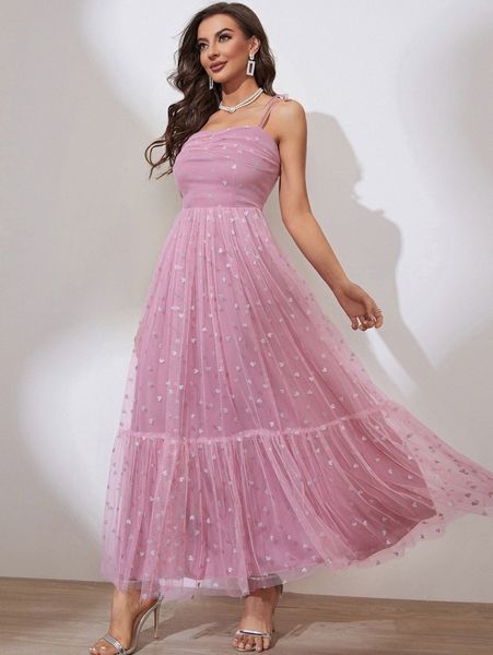 

tie shoulder ruffle hem heart mesh cami dress 50rn#, Black;gray