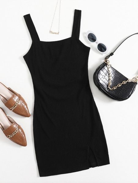 

split hem rib-knit dress v7z6#, Black;gray