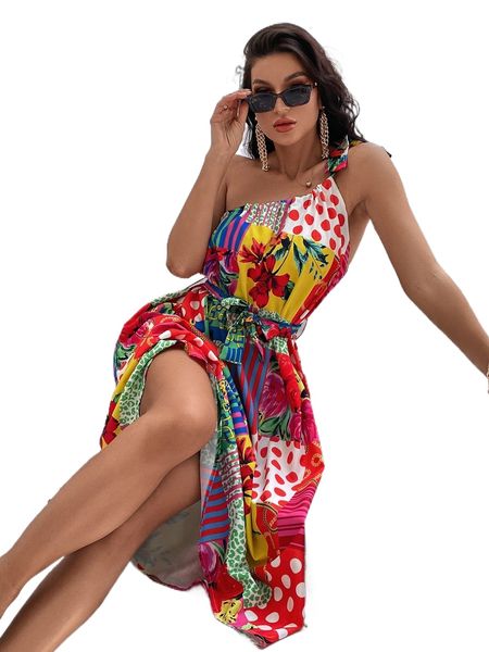 

one shoulder patchwork belted dress b4e0#, Black;gray