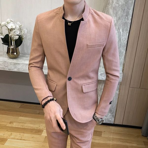

men suits for wedding groom tuxedo pink peaked lapel business blazer jacket pants 2 piece for man, Black;gray