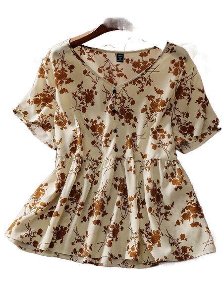 

plus allover floral print button half peplum blouse 76uz#, Black