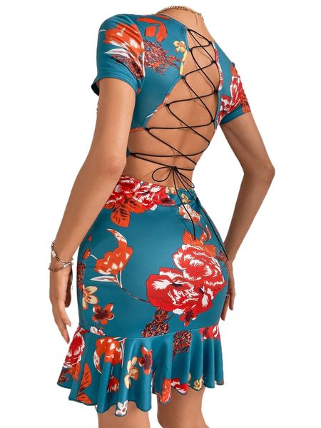 

floral lace up backless ruffle hem bodycon dress v8sw#, Black;gray