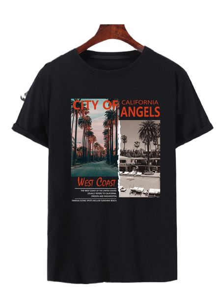 

men slogan & tropical print tee l5eo#, White;black