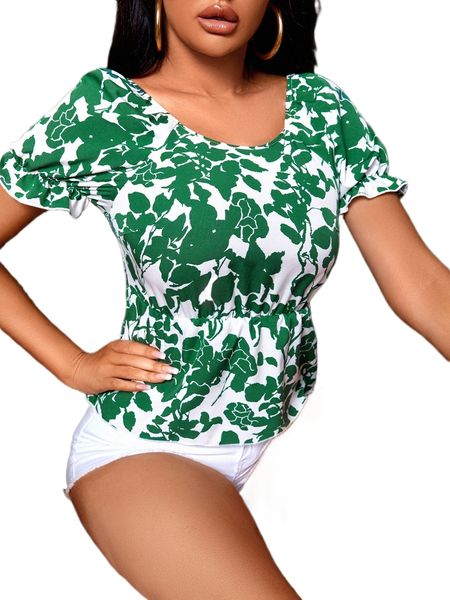 

sxy plants print raglan sleeve peplum blouse y0o0#, White
