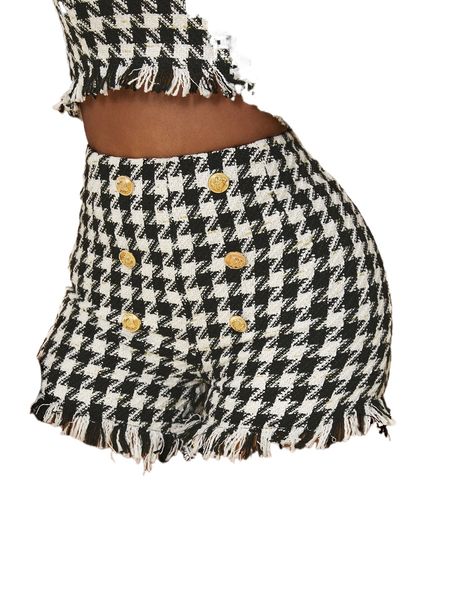 

houndstooth print raw cut tweed shorts a7ea#, White;black