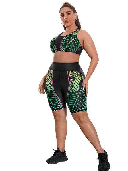 

plus lightweight striped print wide waistband sports set q9tv#, Black