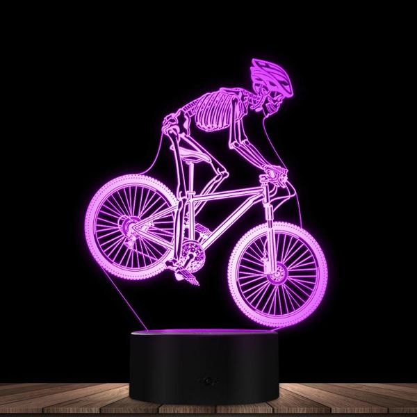 Luzes noturnas de esqueleto vintage Skull Riding Mountain Bike 3D Optical Illusion Lamp Cyclist Bicycle Table Sports Light Home decornight