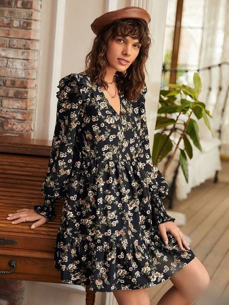 

floral print shirred lantern sleeve ruffle trim smock dress w7ed#, Black;gray